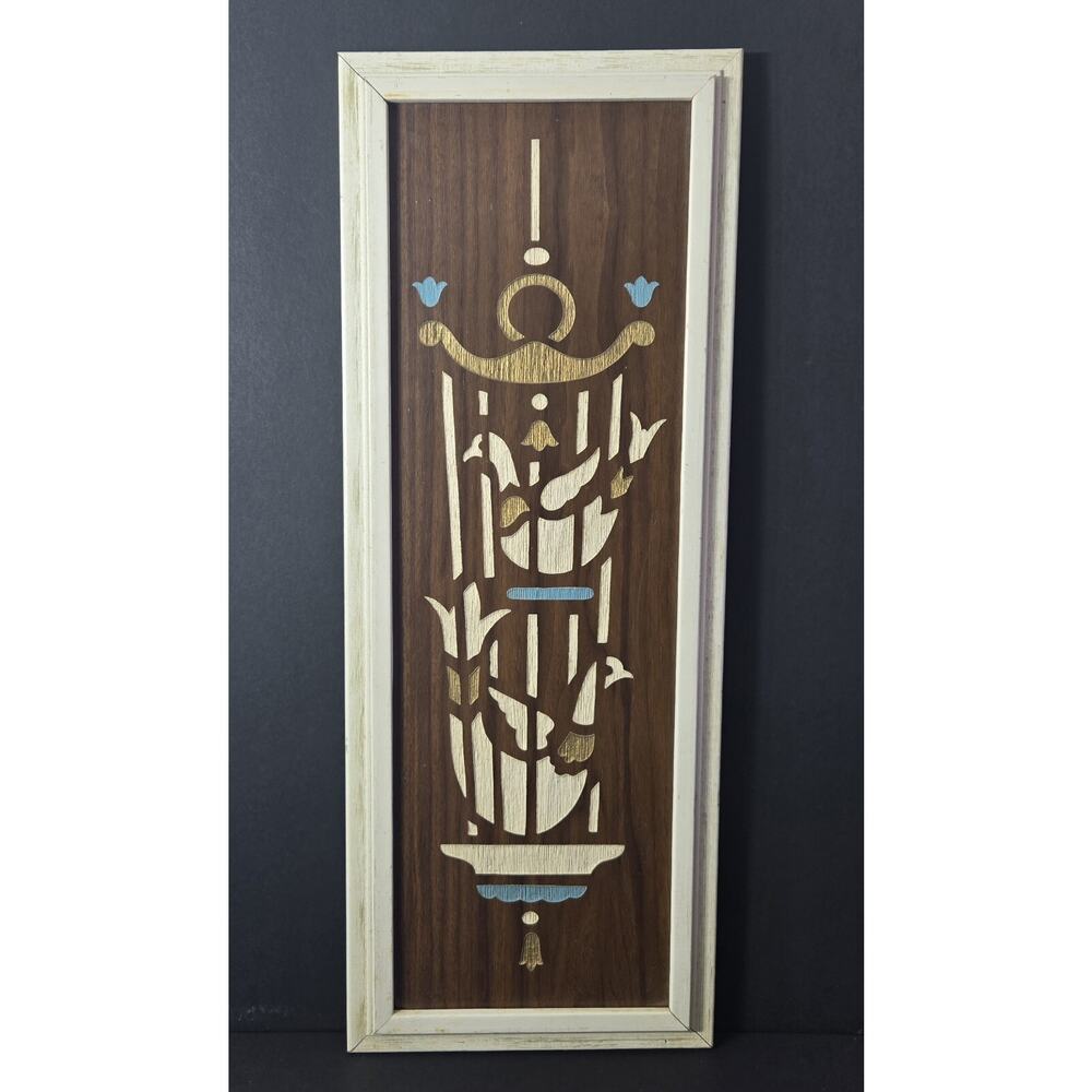 Vintage 1960s Laser Etched Caged Dove Birds Multicolor Walnut Wood Plaque Art